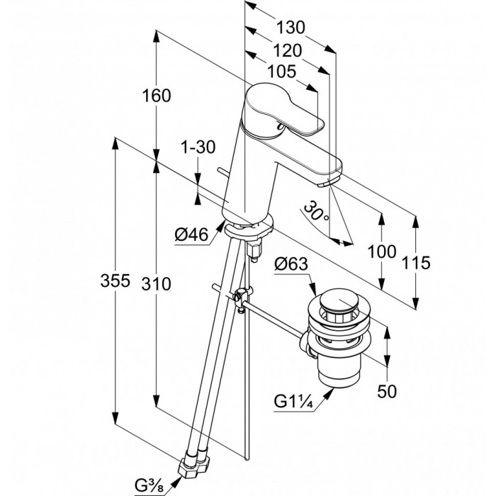 Смеситель для раковины Kludi PURE&EASY 371900565 с донным клапаном, хром