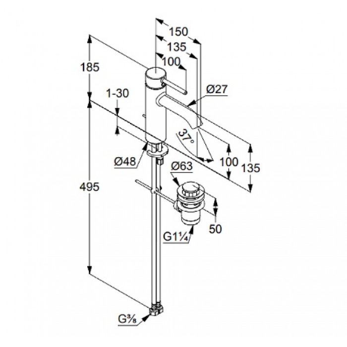 Смеситель для раковины Kludi Bozz 382800576 с донным клапаном, хром