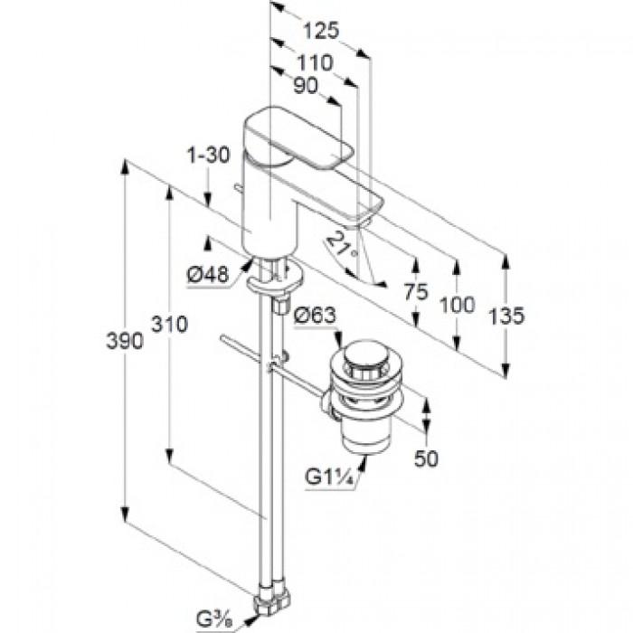 Смеситель для раковины Kludi PURE&STYLE 403820575 с донным клапаном, хром