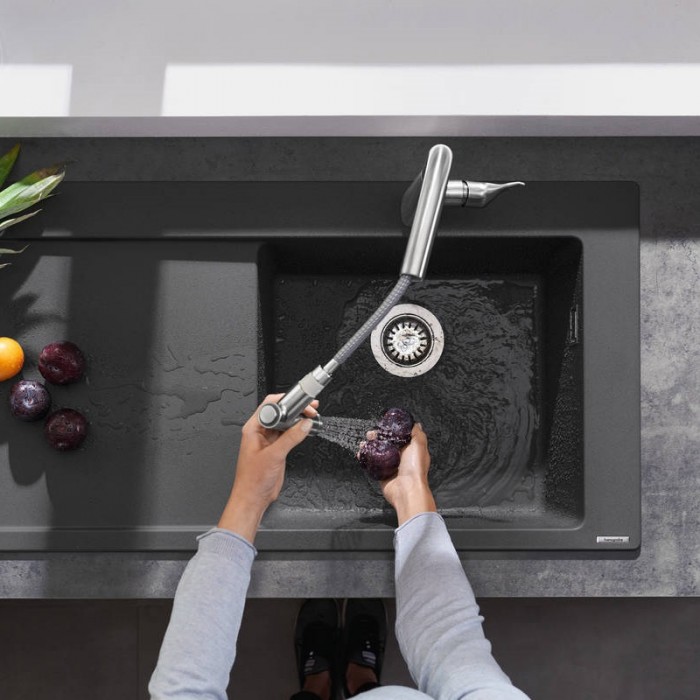 Смеситель для кухни hansgrohe Metris M71 220 2jet 73800000 с выдвижным изливом, хром