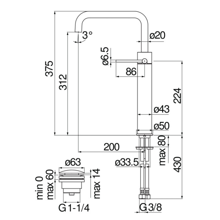 Смеситель для раковины Nobili Velis VE125158/2FLP с донным клапаном, глянцевый черный