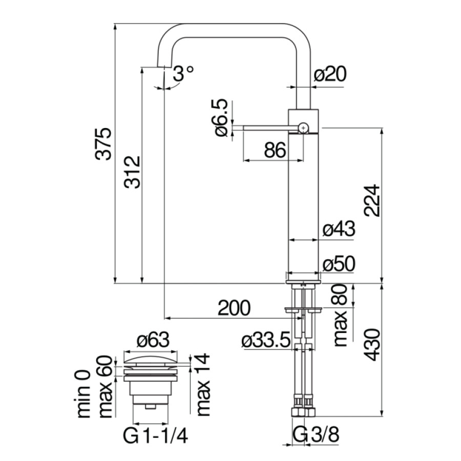 Смеситель для раковины Nobili Velis VE125158/2FLP с донным клапаном, глянцевый черный