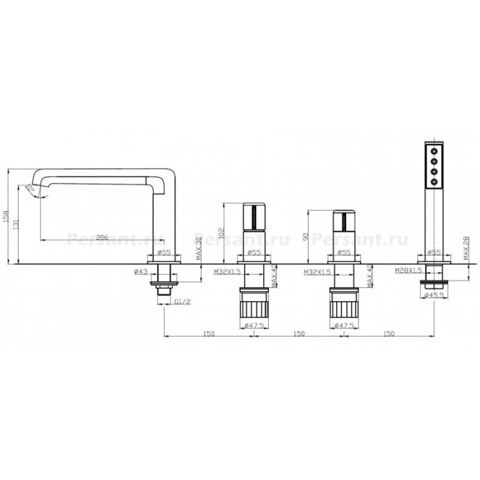 Смеситель на борт ванны BelBagno Uno UNO-BVD4-CRM хром