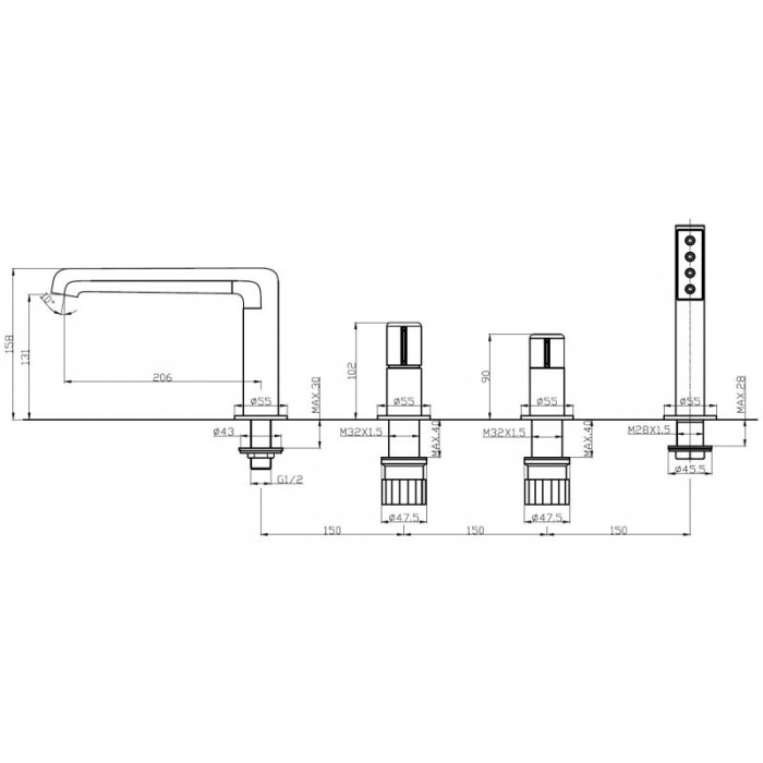 Смеситель на борт ванны BelBagno Uno UNO-BVD4-CRM хром