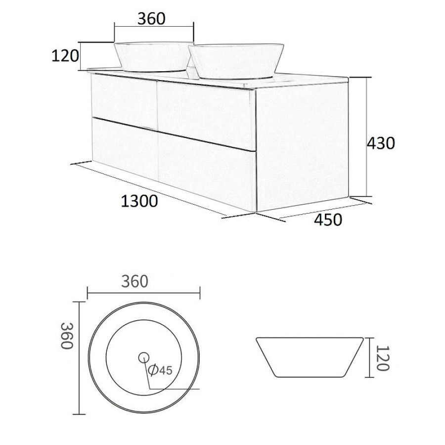 Тумба с раковиной Orange Otto 130 Ot-130TuMDF+B08-360W подвесная Белый глянец