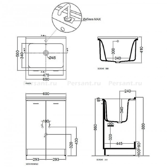 Тумба с хозяйственной раковиной Kerasan Aquadom 60x50 9166K3, белая матовая