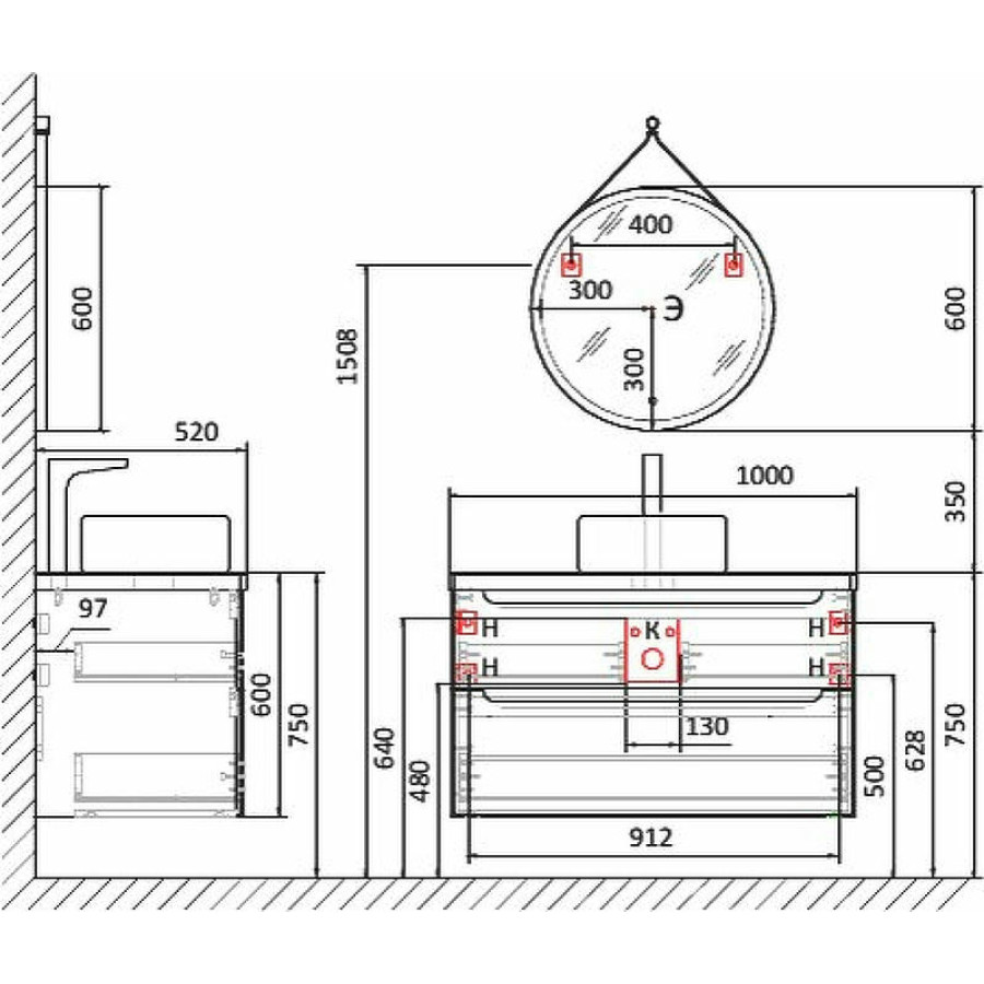 Тумба под раковину Jorno Wood 100 wood.01.100/P/GR подвесная Серая