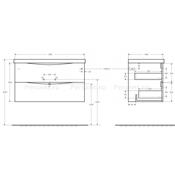 Тумба под раковину BelBagno Marino 90 MARINO-900-2C-SO-RG-P подвесная Rovere Grigio