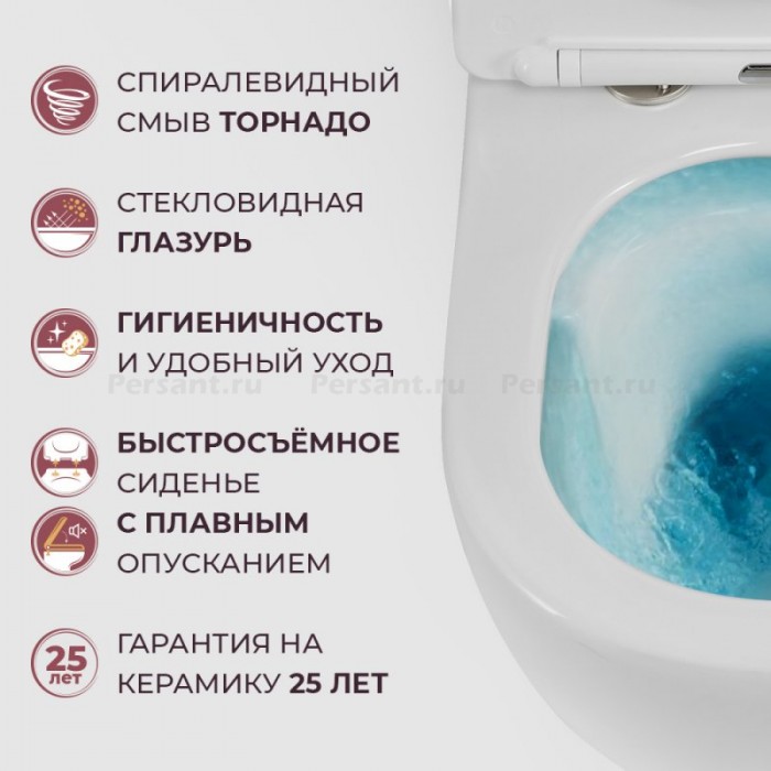 Подвесной унитаз Cezares Grande-Tor безободковый, смыв "торнадо" CZR-308-TH-TOR/SC с сиденьем микролифт