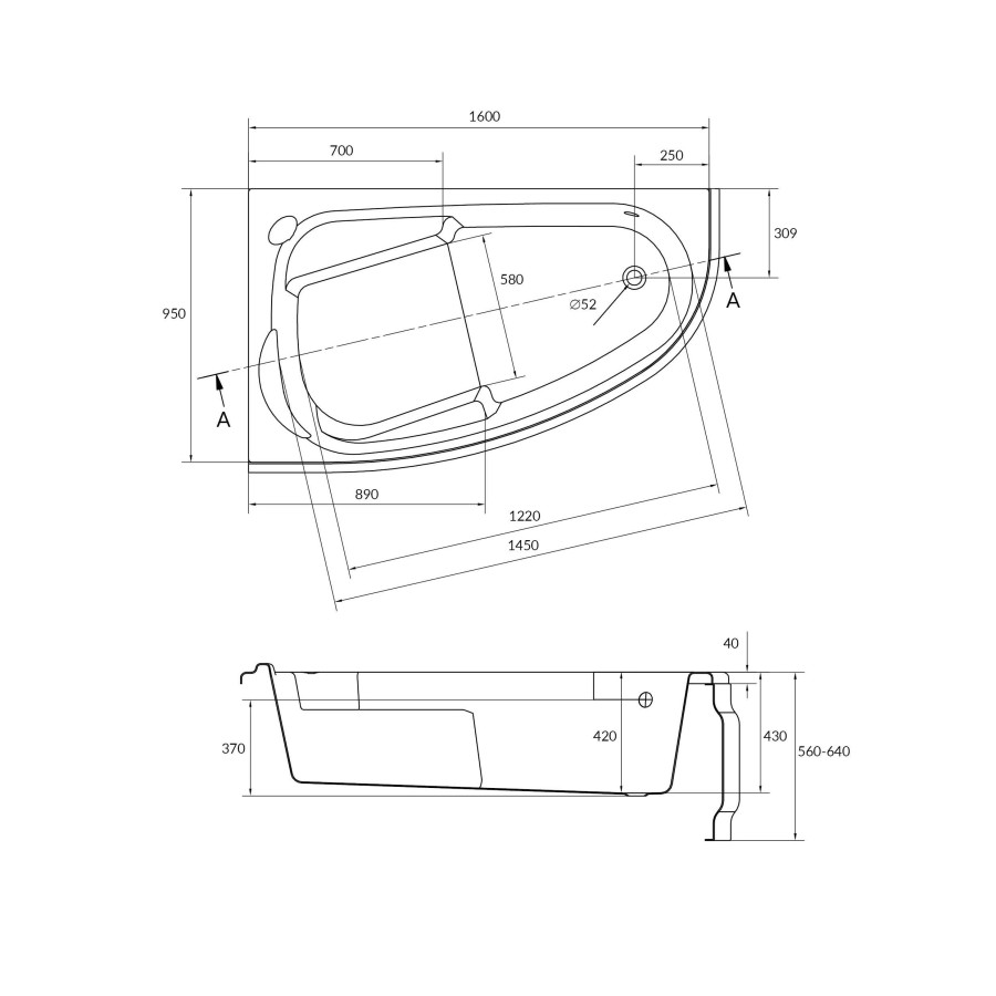 Акриловая ванна Cersanit Joanna 160x95 асимметричная правостороняя (63092)