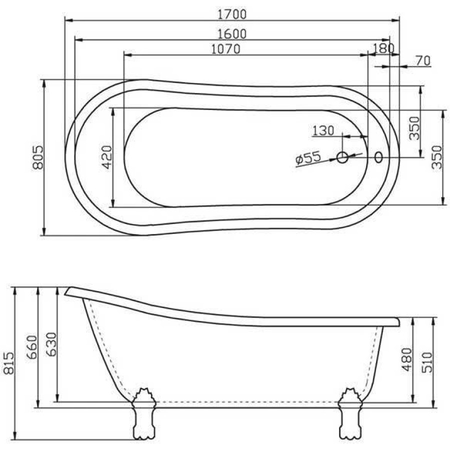 Акриловая ванна BelBagno 170x80 BB04+BB-LEG-EAGLE-ORO с ножками