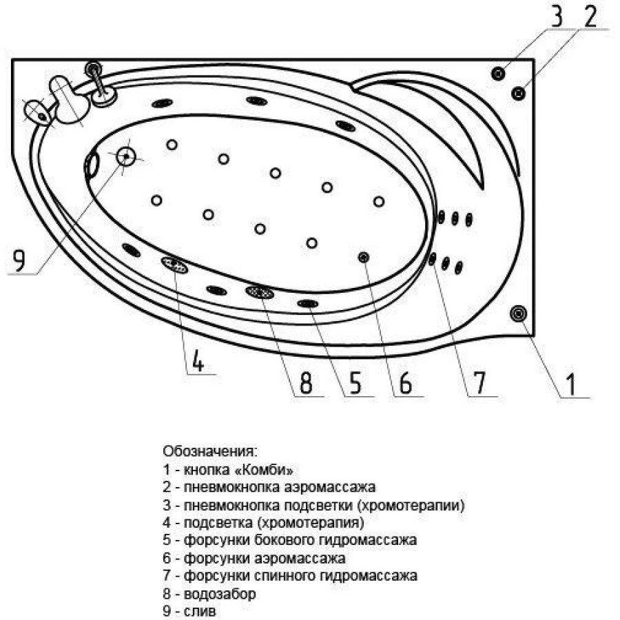 Акриловая ванна Aquatek Бетта 160х97 левая, с гидромассажем Standard (пневмоуправление), с фронтальным экраном