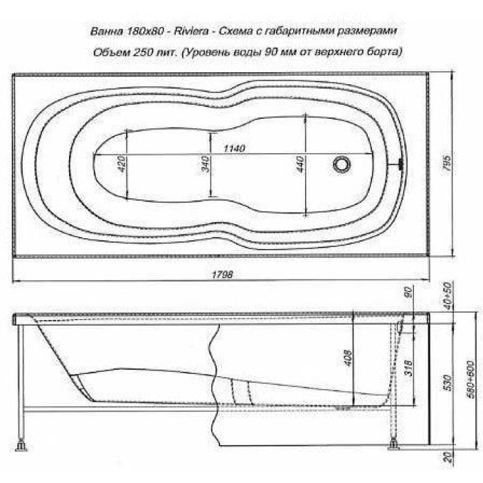 Акриловая ванна Aquanet Riviera 180x80 00231080