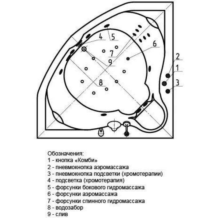 Акриловая ванна Aquatek Сириус 164х164 с гидромассажем Standard (пневмоуправление) SIR164-0000006