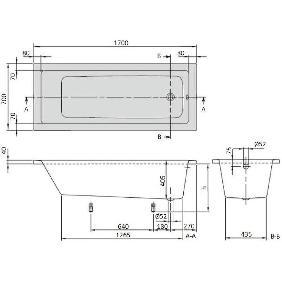 Акриловая ванна Villeroy & Boch Targa Plus Mono 170x70 UBA177NES2V01+U99740000 ножки в комплекте