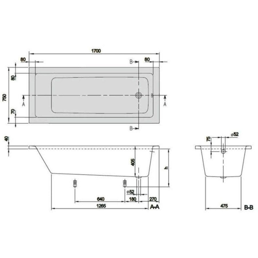 Акриловая ванна Villeroy & Boch Targa Plus Mono 170x75 UBA171NES2V01+U99740000 ножки в комплекте