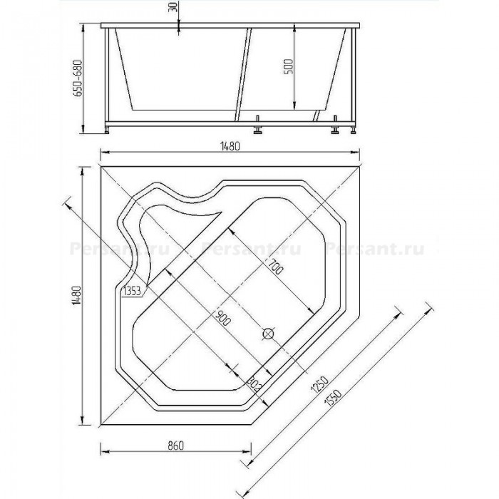 Акриловая ванна Aquatek Лира 148x148 LIR150-0000032 с фронтальным экраном