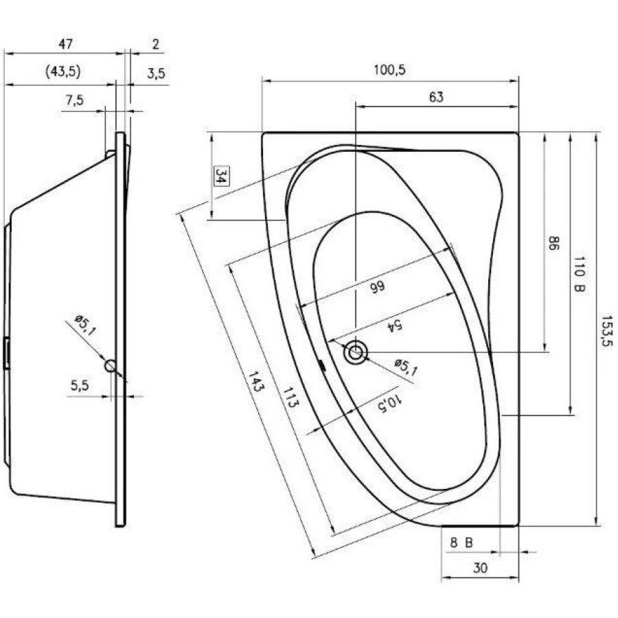 Акриловая ванна Riho Lyra 153x100 правая B021001005