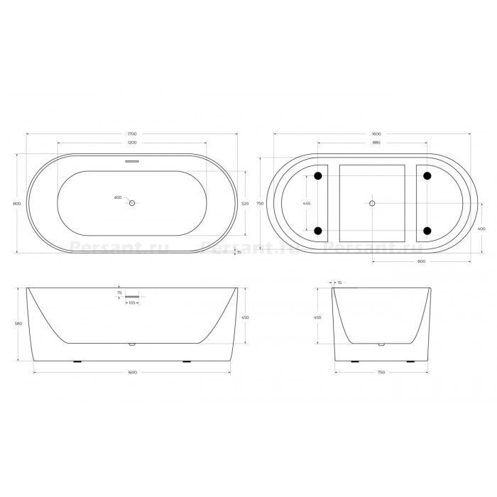 Акриловая ванна BelBagno 170х80 BB411-1700-800