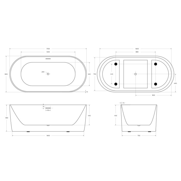 Акриловая ванна BelBagno 170х80 BB411-1700-800-MATT матовая