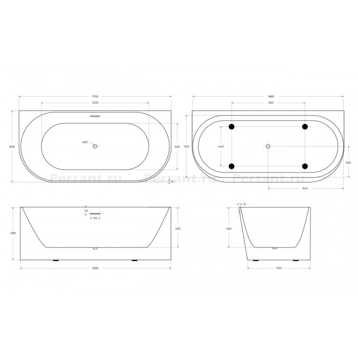 Акриловая ванна BelBagno 170х80 BB412-1700-800