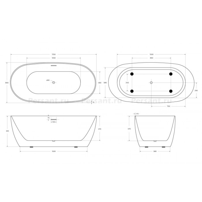 Акриловая ванна BelBagno 170х80 BB415-1700-800
