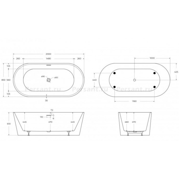 Акриловая ванна BelBagno 200х85 BB416-2000-850
