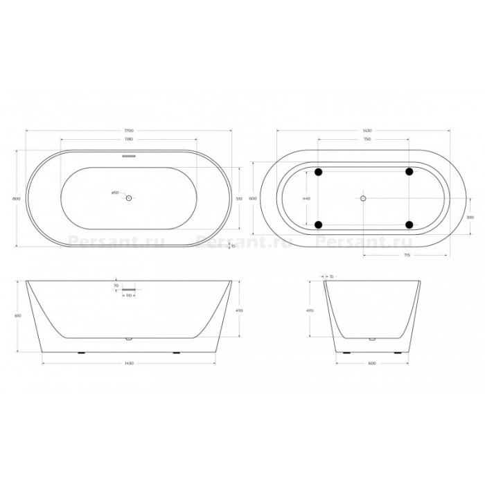 Акриловая ванна BelBagno 170х80 BB416-1700-800