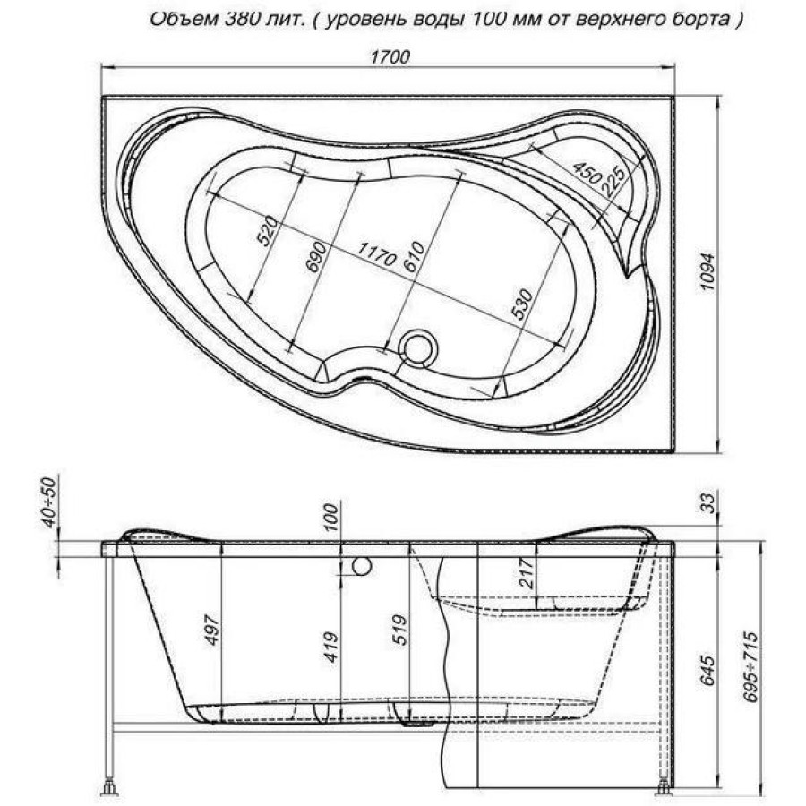 Акриловая ванна Aquanet Capri 170x110 R 00205387