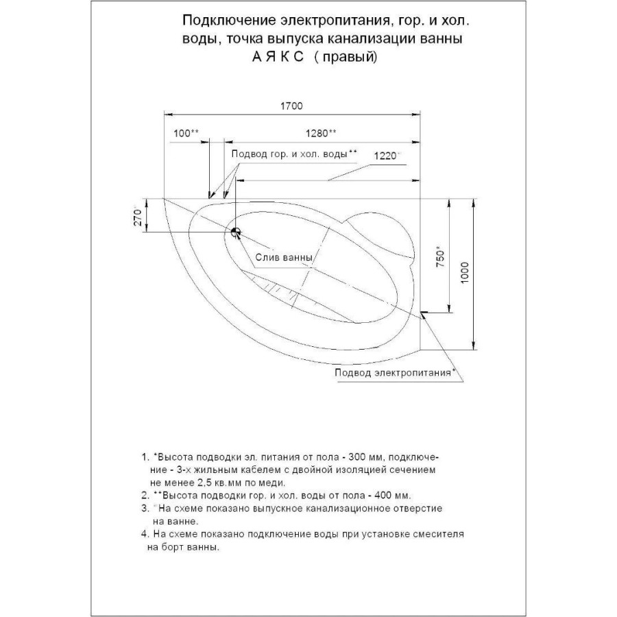 Акриловая ванна Aquatek Аякс 2 170х110 AYK170-0000007 (правая, без гидромассажа)