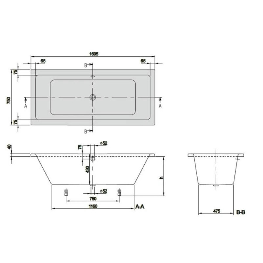 Акриловая ванна Villeroy & Boch Targa Plus Duo 170x75 UBA170NES2V01+U99740000 ножки в комплекте