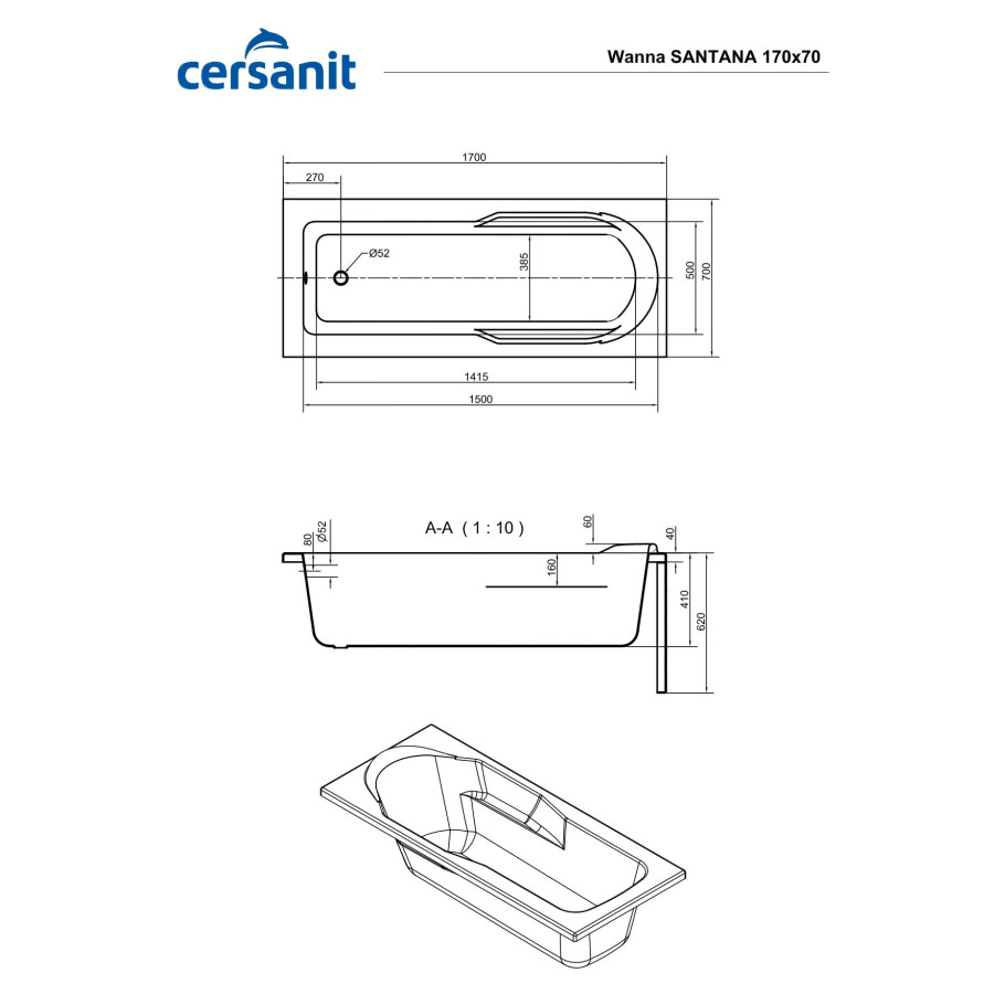 Акриловая ванна Cersanit Santana 170x70 прямоугольная (63325)