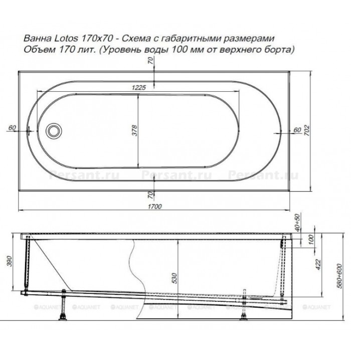 Акриловая ванна Aquanet Lotos 170x70 00334159