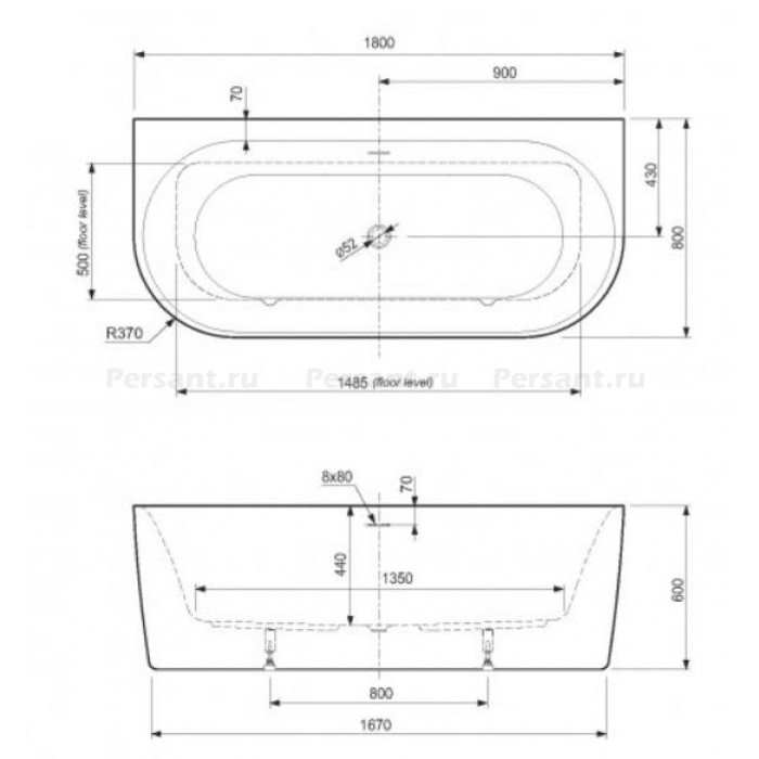 Акриловая ванна пристенная Cezares Metauro 180х80 белая глянцевая METAURO-INT-Wall-180-80-60
