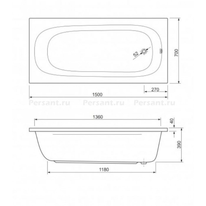 Акриловая ванна Cezares Piave 150x70 PIAVE-150-70-42-W37 белая