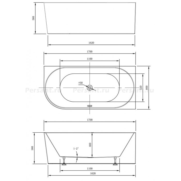 Акриловая ванна Vincea 170x80 VBT-402-1700R белая, правосторонняя