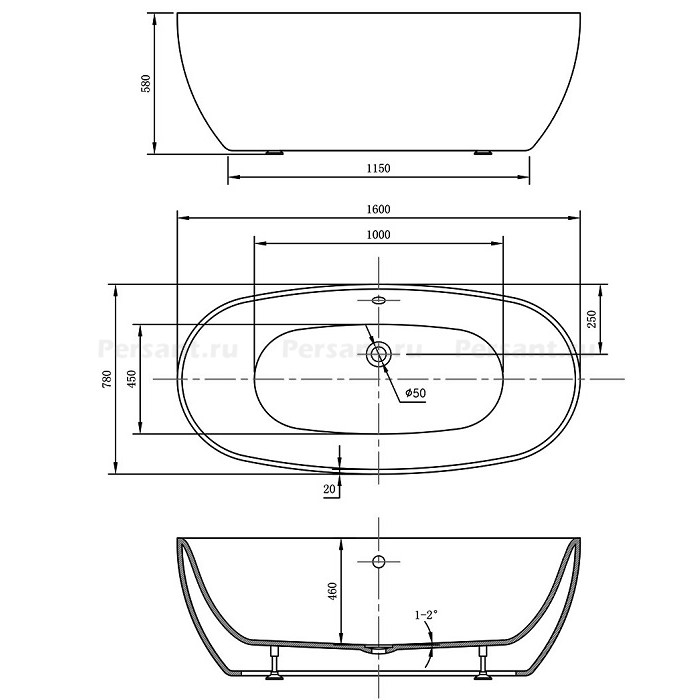 Акриловая ванна Vincea 160x78 VBT-405-1600 белая, отдельностоящая