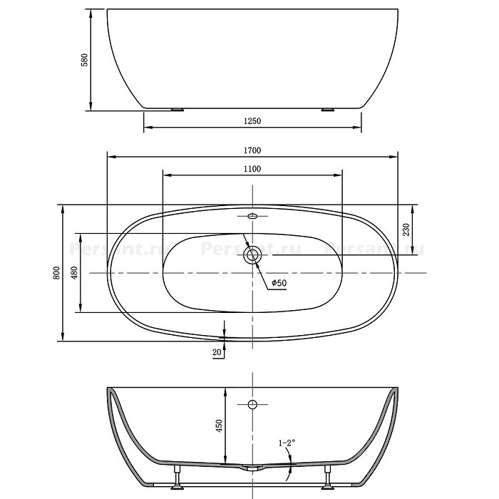 Акриловая ванна Vincea 170x80 VBT-405-1700 белая, отдельностоящая