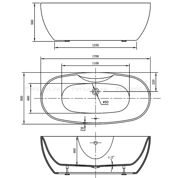 Акриловая ванна Vincea 170x80 VBT-405B-1700 белая, отдельностоящая