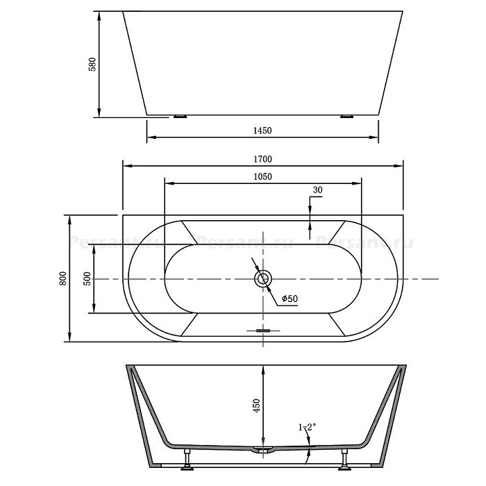 Акриловая ванна Vincea 170x80 VBT-421-1700 белая, пристенная