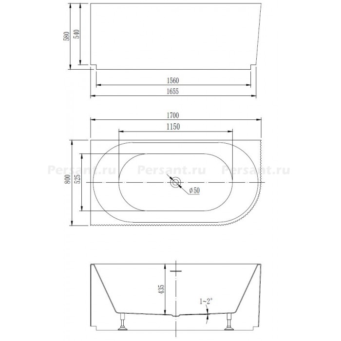Акриловая ванна Vincea 170x80 VBT-428-1700R белая, правосторонняя