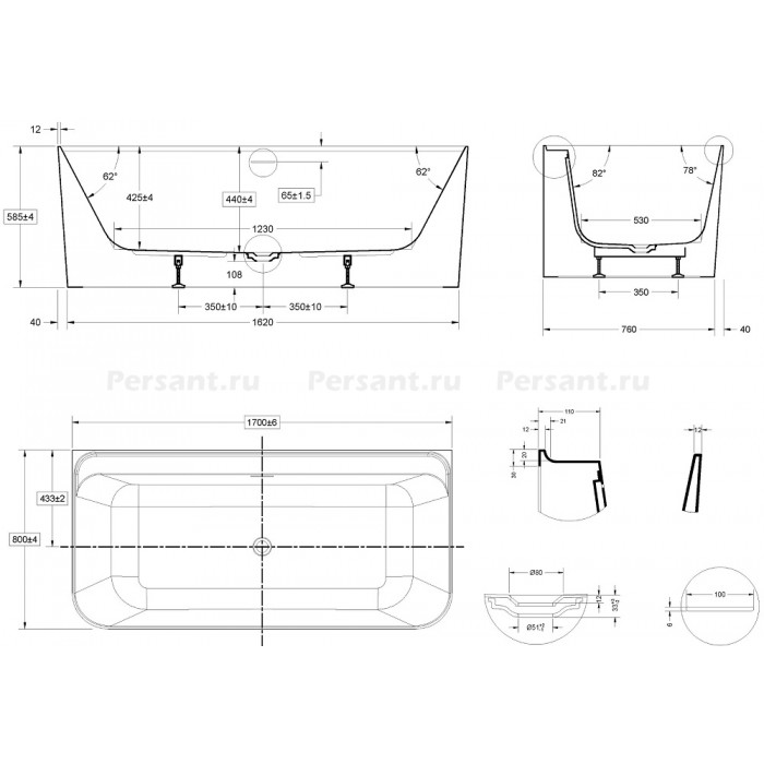 Акриловая ванна Vincea 170x80 VBT-702-1700 белая, пристенная