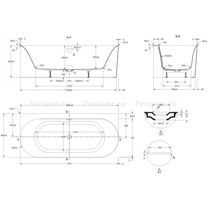 Акриловая ванна Vincea 180x80 VBT-704-1800-R белая, правосторонняя