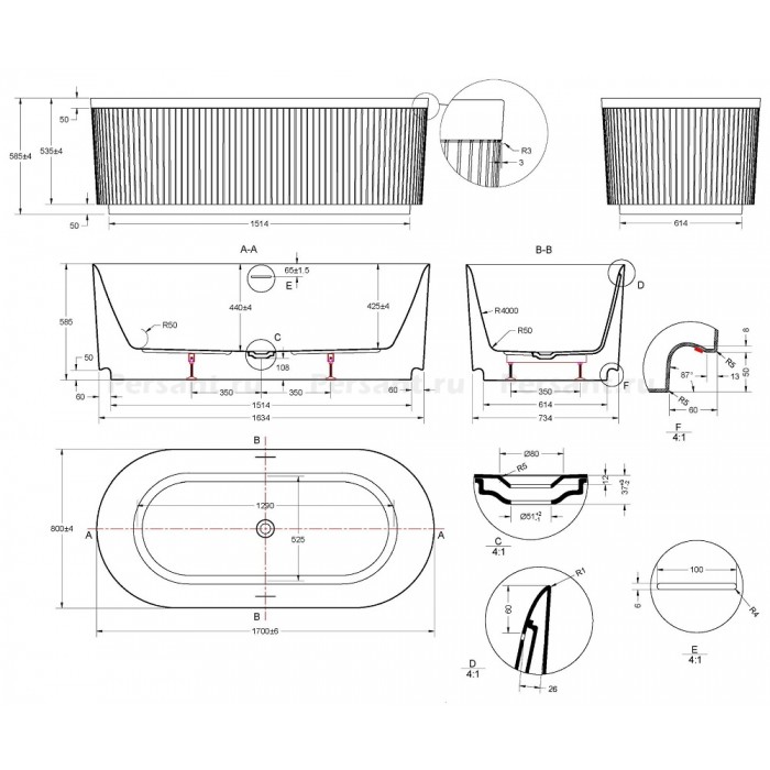 Акриловая ванна Vincea 170x80 VBT-709-1700 белая, отдельностоящая