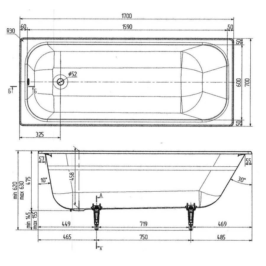 Чугунная ванна Wotte Start 170x70 c отверстиями для ручек