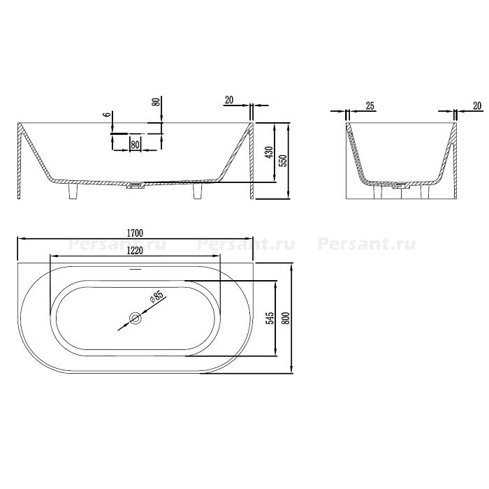 Ванна Vincea Solid Surface 170x80 VBT-4S07-1700MW, белая матовая