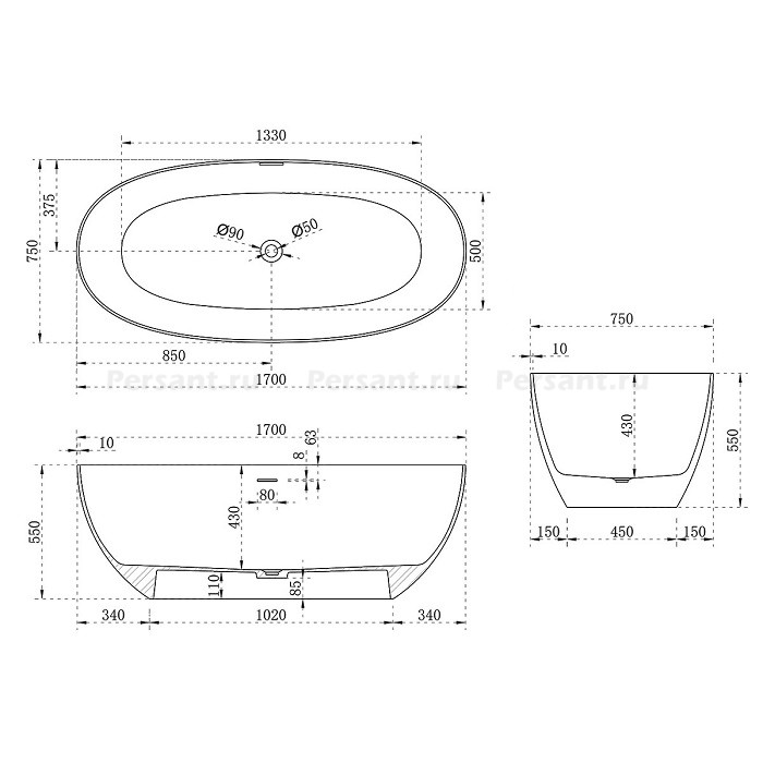 Ванна Vincea Solid Surface 170x75 VBT-6S01MW, белая матовая