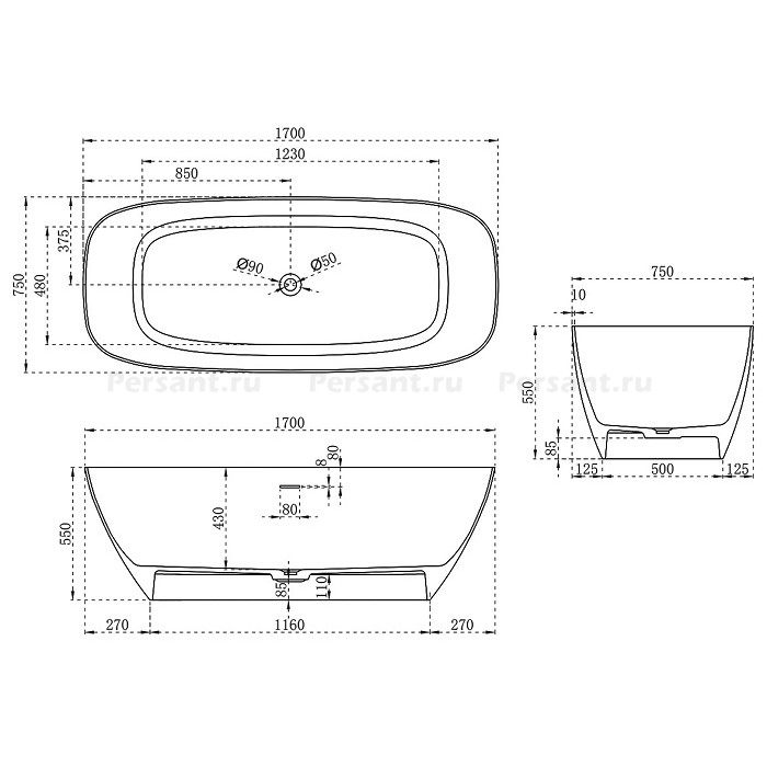Ванна Vincea Solid Surface 170x75 VBT-6S02MW, белая матовая