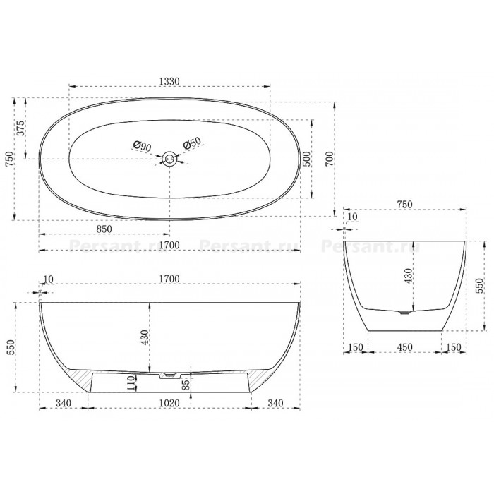 Ванна прозрачная Vincea 170x75 VBT-6T01B черная, отдельностоящая