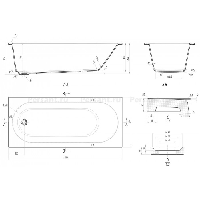 Ванна Vincea Solid Surface 170x75 VBT-8SB1-1700 белая